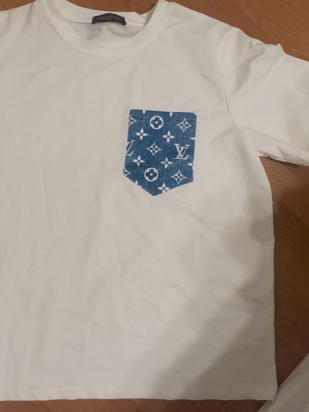 Louis Vuitton White Tee with Blue Monogram Pocket